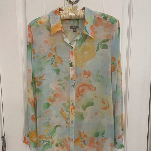 J Jill Chiffon Sheer Long Sleeved Blouse, Size M - Picture 1 of 14